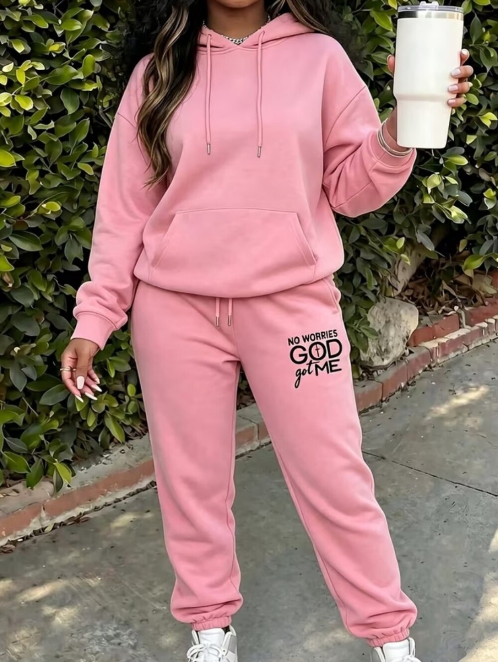 🍁Women’s Pink Hoodie & Jogger Set - No Worries God Got Me